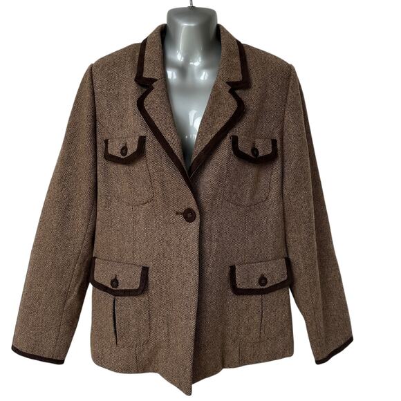 Dialogue Blazer Brown Tan Tweed Suit Jacket Wool Blend Women's Size Medium - Picture 1 of 10